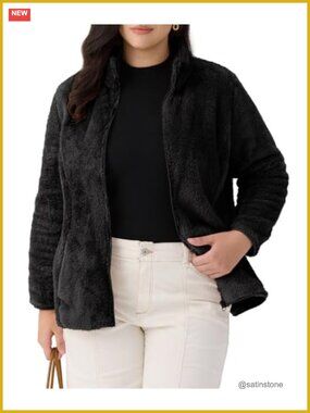 Plus Size Fuzzy Full Zip Fleece Jacket with Pockets
